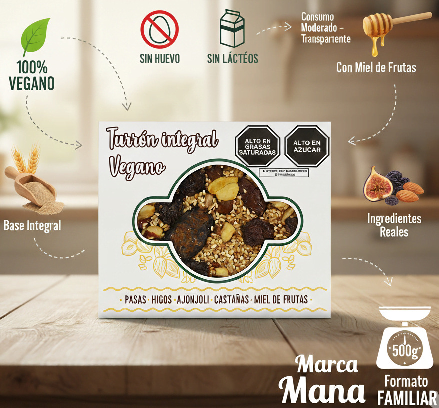Turrón Integral Vegano Mana con Miel de Frutas 500 gramos